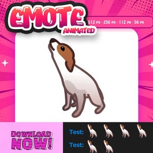 May include: Animated emote of a dog with white and brown fur, howling. The word "EMOTE" is in pink and white, with "ANIMATED" below it. The phrase "DOWNLOAD NOW!" is also present. The background is pink with white stars.