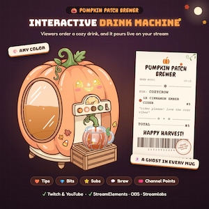 May include: A digital graphic of a Pumpkin Patch Brewer interactive drink machine. The machine is shaped like a large orange pumpkin with a glass window, a control panel, and a spout pouring liquid into a mug. A receipt shows order details.