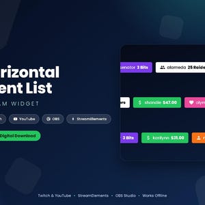 May include: A digital horizontal event list stream widget featuring a dark interface with colorful rectangular notification bars. The text reads Horizontal Event List, Stream Widget, Twitch, YouTube, OBS, StreamElements, and Instant Digital Download.