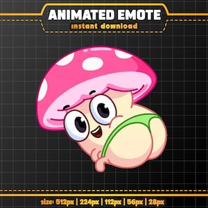 Peut inclure: Emote animé représentant un champignon de dessin animé avec un chapeau rose et des points blancs, portant un string vert. Le champignon a de grands yeux et une expression souriante. Texte : "ANIMATED EMOTE instant download" avec les détails de la taille.