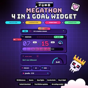May include: A digital 4-in-1 goal widget interface for streaming, featuring a dark purple grid background. The display includes a countdown timer, progress bars, quest trackers, and donation goals with text labels like Megathon, Cheerathon, Subathon, and Donathon. A pixelated skull with a yellow crown is visible in the corner.