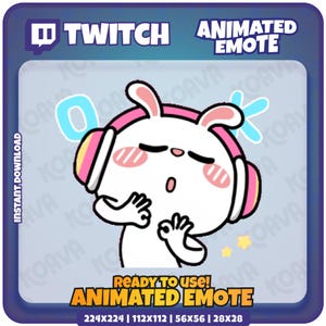 Może przedstawiać: Biały królik z kreskówki z różowymi policzkami, w słuchawkach i wykonujący gest dłonią. Obraz zawiera tekst "TWITCH ANIMATED EMOTE" i "READY TO USE! ANIMATED EMOTE". Obraz jest do pobrania cyfrowo.