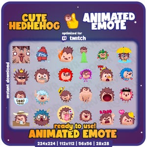 Twitch Animated Emote Pack | 26x Cute Hedgehog Emote Pack, #1, Instant Download(Transparent), Ready To Use!, for Streamers!