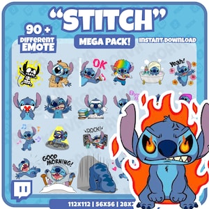 May include: A digital download graphic pack featuring the character Stitch in various poses and expressions. The image includes the text "STITCH" and "MEGA PACK!" with over 90 different emotes. The image dimensions are 112x112, 56x56, and 28x2.
