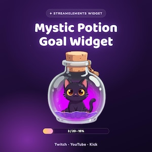 May include: A digital graphic featuring a glass potion bottle with a cork stopper containing a small black cat sitting in purple liquid. The text reads "STREAMELEMENTS WIDGET", "Mystic Potion Goal Widget", "3 / 20 · 15%", and "Twitch · YouTube · Kick".