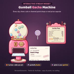 May include: An interactive stream widget featuring a pink gumball gacha machine, a purple lollipop, and a Lucky Pop prize board. A digital ticket displays the text Lucky Pop, Swirl Pop, and winner. The graphic includes text about prize odds and goals.