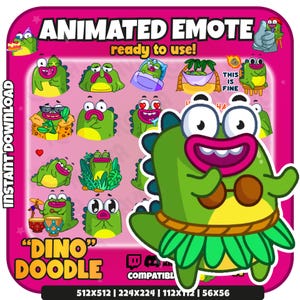 Dino Doodle Animated Emote Pack | 23x Cute Kawaii Dinosaur Twitch & Discord Emotes | Funny Streaming Emoji Bundle | Instant Download