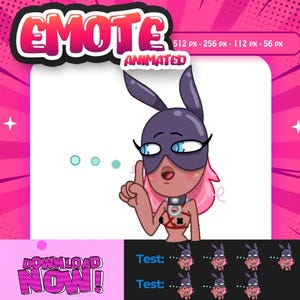 Peut inclure: Émoticône animée représentant un personnage de dessin animé avec un masque de lapin, des cheveux roses et des yeux bleus. L'image comprend le mot "EMOTE" en rose et blanc, et les mots "TÉLÉCHARGER MAINTENANT !" en rose et violet.