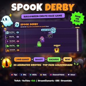 May include: A digital Spook Derby Halloween emote race game interface featuring a leaderboard with characters like Boo Ghost, Hissy Cat, Tiny Reaper, Kissy Frog, and Scream-kin. The display includes game commands, a finish line, and icons for tips, bits, and subs.