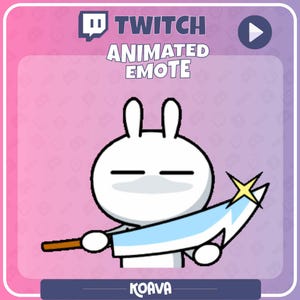 Può includere: Emote animata di Twitch con un coniglio bianco con gli occhi chiusi, che brandisce una spada blu e gialla. L'immagine include il testo "TWITCH ANIMATED EMOTE" e il nome "KOAVA". Lo sfondo è una sfumatura rosa e viola.