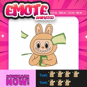 Puede incluir: Emoticón animado con un conejo de dibujos animados con un traje beige sosteniendo dinero. El conejo tiene una amplia sonrisa y ojos grandes. La palabra "EMOTE" está en la parte superior y "ANIMATED" debajo. La frase "DOWNLOAD NOW!" está en la parte inferior.