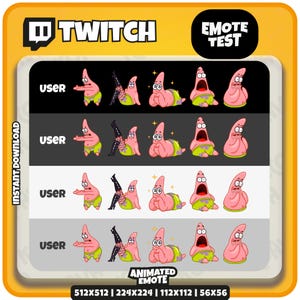 以下が含まれることがあります： アニメーションTwitch絵文字のデジタルダウンロード。絵文字は、驚きや興奮の表現を含む、さまざまなポーズのピンク色のヒトデのキャラクターを示しています。画像にはTwitchのロゴと「EMOTE TEST」というテキストが含まれています。