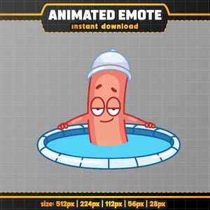Könnte beinhalten: Animierte Emote-Grafik mit einer Cartoonfigur in einem Pool, die eine weiße Badekappe trägt. Die Figur hat einen entspannten Ausdruck. Der Text "ANIMATED EMOTE instant download" steht oben.