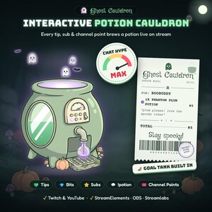 Halloween Twitch Widget, Witchy Ghost Cauldron Stream Overlay, Channel Points Chat Game & Donation Goal, StreamElements OBS