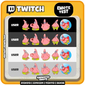 以下が含まれることがあります： Twitch 用のパトリック・スター絵文字のデジタルダウンロードグラフィック。絵文字はさまざまなポーズとサイズで、各行の上に「USER」という単語があります。画像には、Twitchのロゴと「EMOTE TEST」および「ANIMATED EMOTE」というテキストが含まれています。