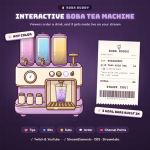 Puede incluir: Un gráfico digital de una máquina de té boba interactiva en morado y crema. La máquina cuenta con tres dispensadores de líquido, una estación de llenado de vasos y un recibo de té de leche de taro. El texto incluye BOBA BUDDY y 3 GOAL BARS BUILT IN.