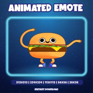 May include: Animated emote of a cartoon hamburger with arms and legs, wearing blue shoes. The burger has a smiling face and is set against a blue background with the text "ANIMATED EMOTE" and size options. The words "INSTANT DOWNLOAD" are also present.