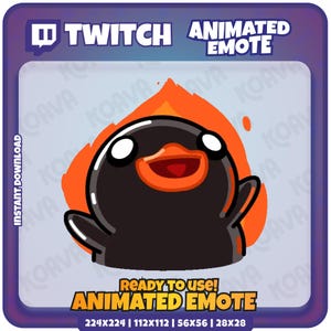 Puede incluir: Emoticono animado de Twitch con un personaje de dibujos animados negro con ojos blancos y pico naranja, rodeado de llamas naranjas. El texto dice "ANIMATED EMOTE" y "READY TO USE! ANIMATED EMOTE".