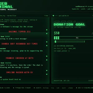 May include: A digital hacker terminal overlay featuring a green-on-black interface. The left panel displays a chat stream with user messages and alerts. The right panel shows a donation goal progress bar with text reading DONATION GOAL.