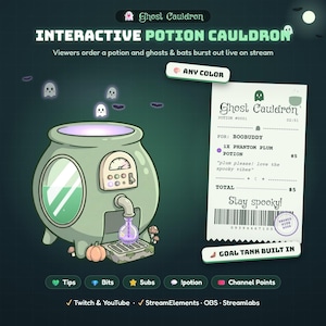 May include: A digital graphic of an interactive potion cauldron in light green with a gauge, a spout, and a purple potion bottle. A receipt shows text including Ghost Cauldron, Phantom Plum Potion, and Stay spooky. Icons for Tips, Bits, Subs, and more.