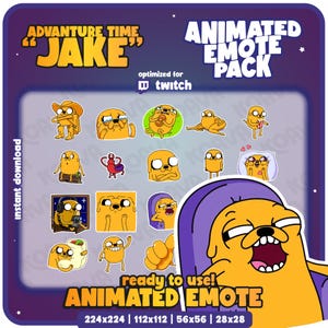 May include: A digital download graphic pack featuring various animated emotes of the Adventure Time character Jake. The pack includes multiple expressions and poses, optimized for Twitch. The text reads "Adventure Time Jake" and "Animated Emote Pack."