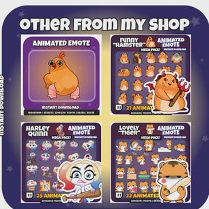 May include: A digital art graphic featuring four sets of animated emotes. The top left shows a chicken, the top right a hamster, the bottom left Harley Quinn, and the bottom right a tiger. Each set is labeled with text.