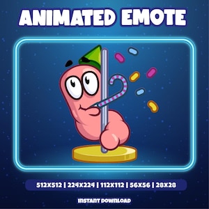 May include: Animated emote graphic featuring a cartoon worm with a party hat, holding a party horn, and confetti. The worm is pink with large eyes and a smile. The text "ANIMATED EMOTE" is at the top, and "INSTANT DOWNLOAD" at the bottom.