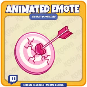 May include: Animated emote graphic featuring a pink target with a heart at the center, pierced by a pink arrow. The target has a cracked design. The words "ANIMATED EMOTE" and "INSTANT DOWNLOAD" are displayed at the top.