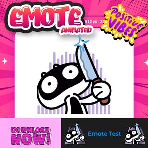 Puede incluir: Un emote animado que muestra un personaje de dibujos animados en blanco y negro con ojos grandes sosteniendo un cuchillo plateado con un destello azul. El gráfico incluye el texto EMOTE ANIMATED, Positive VIBES, DOWNLOAD NOW y Emote Test.