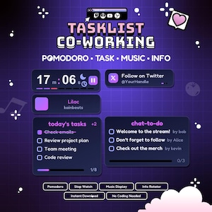 May include: A digital tasklist co-working overlay featuring a purple grid background, a Pomodoro timer set to 17m 06s, a music display for Lilac by kainbeats, a Twitter follow prompt, and two task lists labelled today's tasks and chat-to-do.