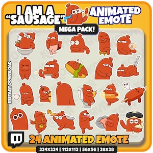 Twitch Animated Emote Pack | I Am a Sausage Animated Emote Pack - 24 Funny emote for Twitch, Discord, Kick - Mega Bundle - Instant Download