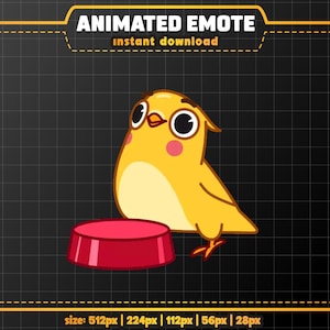 Puede incluir: Emoticón animado de un pájaro amarillo con ojos grandes y mejillas rosadas, junto a una plataforma roja. El texto "ANIMATED EMOTE instant download" está en la parte superior. La imagen está sobre un fondo de cuadrícula negra.