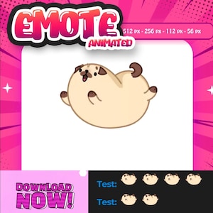 May include: Animated emote of a cartoon pug, light tan with brown markings, in a cheerful pose. The word "EMOTE" is in pink and white, with "ANIMATED" below. The image also includes the text "DOWNLOAD NOW!" and size details in pixels.