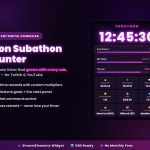 May include: A digital neon subathon counter widget for Twitch and YouTube featuring a countdown timer, progress bars for sub goals, bit parties, and tip jars, along with a live stats panel displaying subscriber, tip, and bit counts in purple.