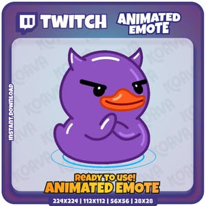 以下が含まれることがあります： Twitch 用の、紫色の悪魔の角とオレンジ色のくちばしを持つアニメーションアヒル絵文字。 「TWITCH ANIMATED EMOTE」と「READY TO USE! ANIMATED EMOTE」のテキストが含まれています。 さまざまなサイズで即時ダウンロードできます。