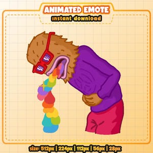 May include: An animated emote graphic featuring a brown, furry character wearing red glasses and a purple sweater, vomiting a rainbow. The character is hunched over, clutching their stomach. Text at the top reads "ANIMATED EMOTE instant download."