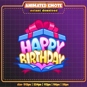 Könnte beinhalten: Digitalgrafik einer blauen Geschenkbox mit rosa Schleife und den Worten "HAPPY BIRTHDAY" in bunten Buchstaben. Die Worte "ANIMATED EMOTE" und "instant download" stehen oben. Das Bild befindet sich auf einem lila Rasterhintergrund.