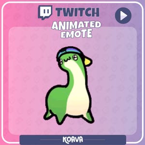 Puede incluir: Emoticono animado de Twitch con un dinosaurio de dibujos animados verde y blanco que lleva una gorra azul y amarilla. La imagen incluye el texto "TWITCH ANIMATED EMOTE" y el nombre del creador, "KOAVA."