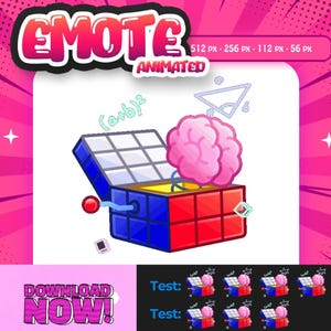 May include: A graphic with the text "EMOTE ANIMATED" and "DOWNLOAD NOW!". The image shows a Rubik's Cube with a brain inside, mathematical symbols, and smaller versions of the cube. The cube is blue, red, and yellow.