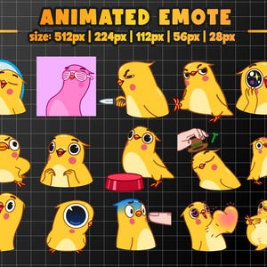 May include: A collection of animated emotes featuring yellow birds with various expressions. The emotes include birds with sunglasses, holding a knife, and expressing surprise. The text "ANIMATED EMOTE" and size dimensions are displayed at the top.