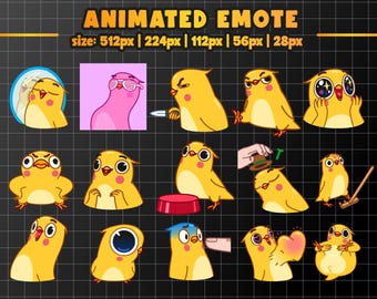 Paquete de emoticonos de Twitch: Emotes animados de pájaros amarillos para Twitch / 20 reacciones kawaii para transmisiones (Descarga digital)