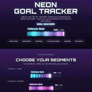 May include: A digital neon goal tracker widget for streaming, featuring the text KOAVA and NEON GOAL TRACKER. It displays animated progress bars for follower goals with customizable segments, color schemes, and shapes on a dark purple background.