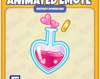 May include: Animated emote graphic with a heart-shaped potion bottle, pink liquid, and floating hearts. The design includes a gold coin and the text "ANIMATED EMOTE" and "INSTANT DOWNLOAD". The image is set on a yellow background.