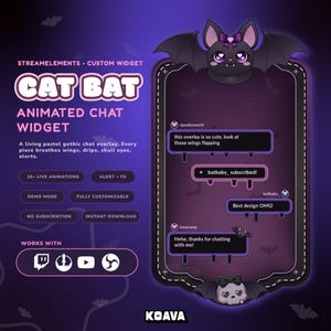 Puede incluir: Una interfaz de chat digital con un esquema de color morado y negro, con un personaje de murciélago en la parte superior y una calavera en la inferior. El texto dice CAT BAT ANIMATED CHAT WIDGET, STREAMELEMENTS - CUSTOM WIDGET y etiquetas.