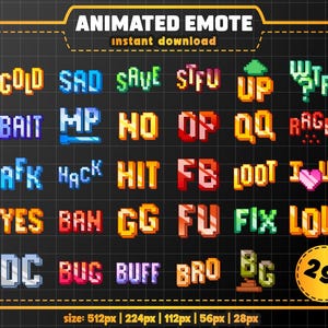 Op de afbeelding: Een digitale afbeelding met 29 geanimeerde emotes, direct te downloaden. De pixelachtige emotes tonen woorden en zinnen zoals "GOLD", "SAD" en "LOL" in verschillende kleuren. De achtergrond is zwart.