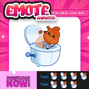 May include: Animated emote featuring a cartoon poop character in a toilet. The poop has a smiling face and is brown. The toilet is white and blue. The image includes the text "EMOTE ANIMATED" and "DOWNLOAD NOW!"