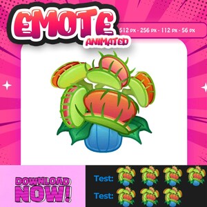 May include: Animated digital graphic of a Venus flytrap plant in a blue pot. The plant has green leaves and red and green traps. The word "EMOTE" is at the top, and "ANIMATED" is below it. The words "DOWNLOAD NOW!" are at the bottom.
