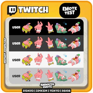 以下が含まれることがあります： アニメーションTwitch絵文字をフィーチャーしたデジタルダウンロードグラフィック。絵文字には、さまざまなポーズのスポンジボブとパトリック・スターのキャラクターが含まれています。画像には、Twitchのロゴとテキスト「EMOTE TEST」および「ANIMATED EMOTE」が含まれています。