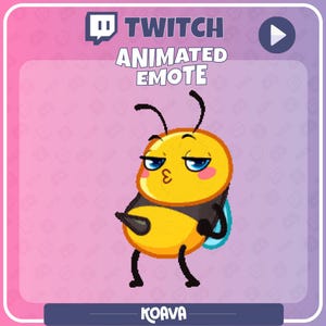 May include: Animated Twitch emote featuring a sassy cartoon bee with blue eyes, a yellow body, and black stripes. The image includes the text "TWITCH ANIMATED EMOTE" and the creator's name, "KOAVA."
