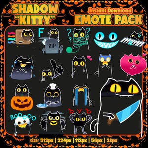 Könnte beinhalten: Eine Sammlung schwarzer Katzen-Emotes mit verschiedenen Ausdrücken, darunter eine Katze mit einem Messer, eine Katze mit Kochmütze und eine Katze in einem Kürbis. Der Text "SHADOW KITTY" und "EMOTE PACK" sind oben zu sehen. Das Bild enthält auch Größenangaben.